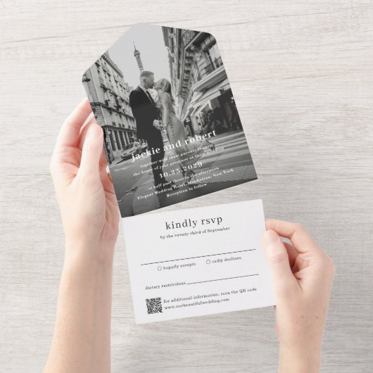 Minimal moderne QR-Foto Hochzeit All In One Einladung (Abreißen)