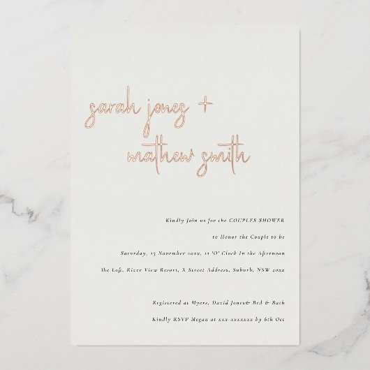 Minimal moderne Schwarz-weiß Script Couples Dusche Folieneinladung (Vorderseite)