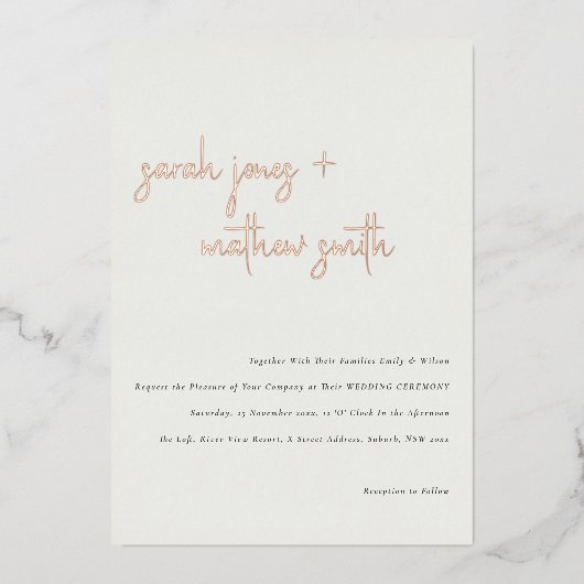 Minimal moderne, Schwarz-weiße, einfache SkriptWed Folieneinladung (Vorderseite)