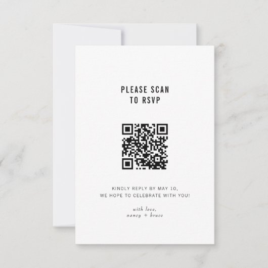 Minimal moderne Schwarz-weiße QR-Code-Hochzeit RSVP Karte (Vorderseite)
