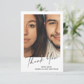 Minimal moderne Script Personalisierte Foto Hochze Dankeskarte (Stehend Vorderseite)