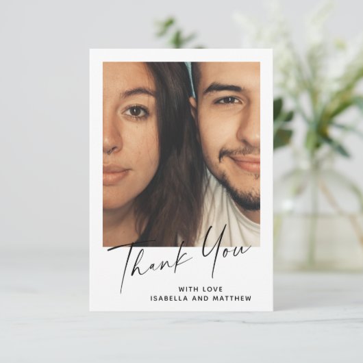 Minimal moderne Script Personalisierte Foto Hochze Dankeskarte (Stehend Vorderseite)