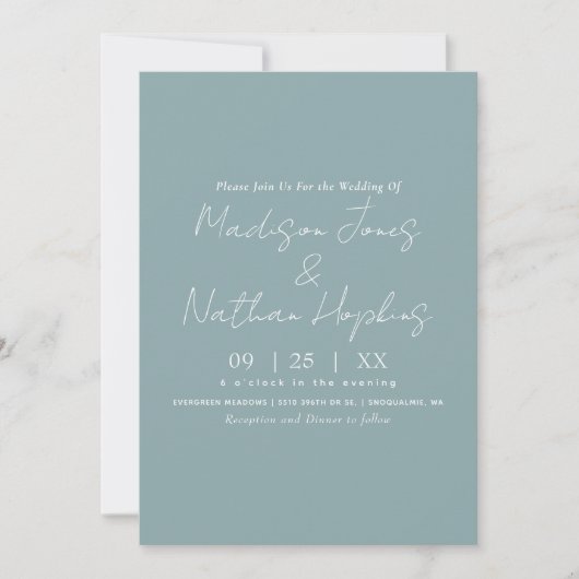 Minimal moderne Script Sea Glass Hochzeit Einladung (Vorderseite)