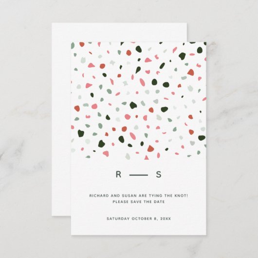 Minimal moderne Terrazzo Muster Grün rosa Hochzeit Save The Date (Vorne/Hinten)