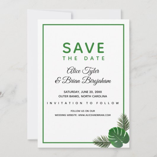 Minimal moderne tropische Vegetation Hochzeit Save The Date (Vorderseite)