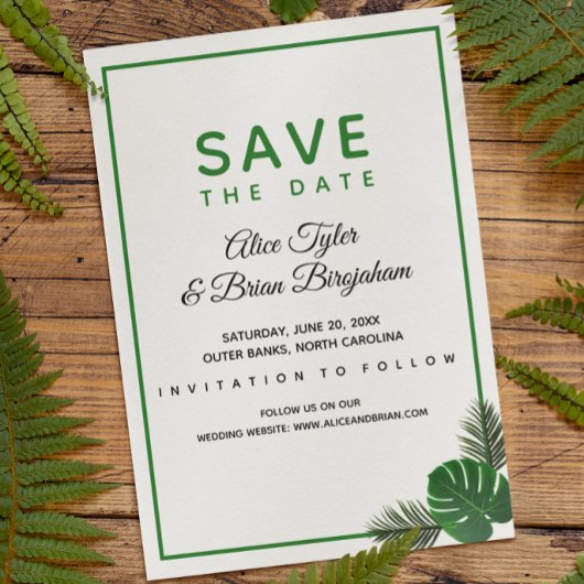 Minimal moderne tropische Vegetation Hochzeit Save The Date