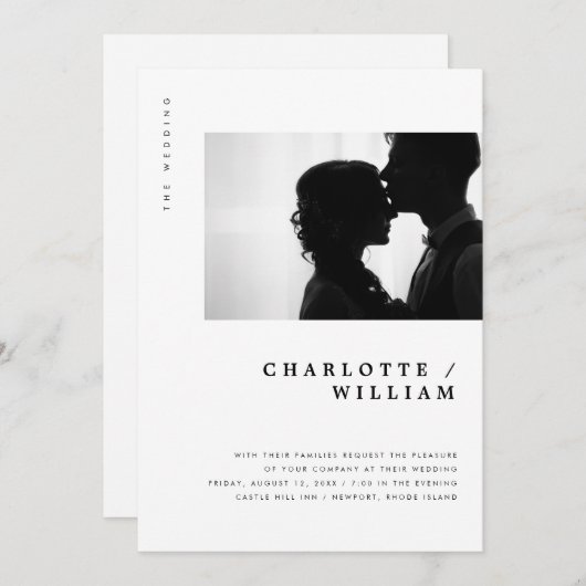 Minimal moderne Typografie Foto Hochzeit Einladung (Vorne/Hinten)