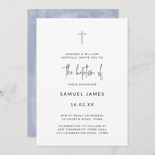 Minimal moderne Wasserfarbe Handgeschriebene blaue Einladung (Vorne/Hinten)