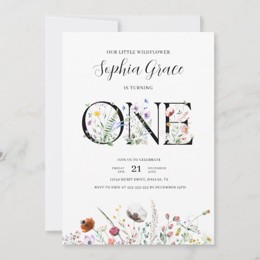 Minimal Moderne Wildblume 1. Geburtstag Einladung (Vorderseite)