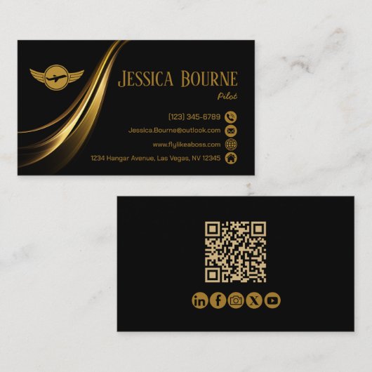 Minimal moderner Beruflicher QR-Code-Pilot Gold Visitenkarte (Vorne/Hinten)