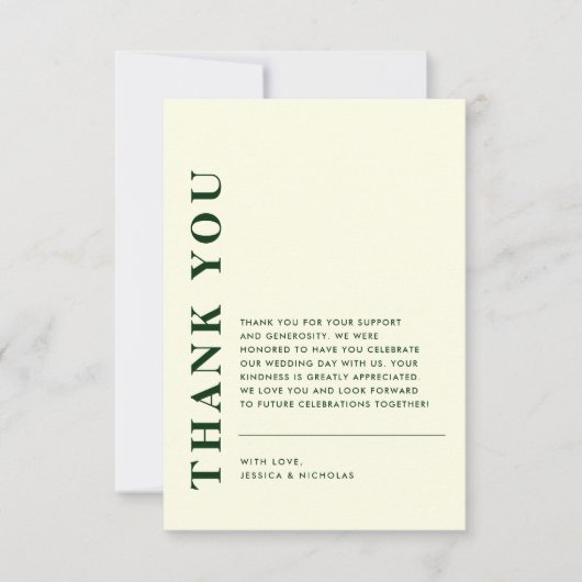 Minimal moderner QR-Code Elfenbein & Grüne Hochzei Dankeskarte (Vorderseite)