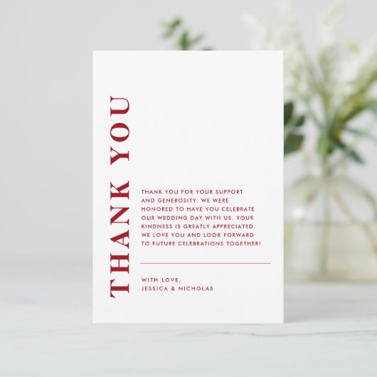 Minimal moderner QR Code Rot & Weiß Hochzeit Dankeskarte (Stehend Vorderseite)