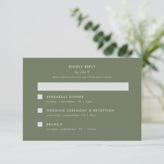 Minimal moderner Sage Green Wedding Multi-Event RSVP Karte (Stehend Vorderseite)