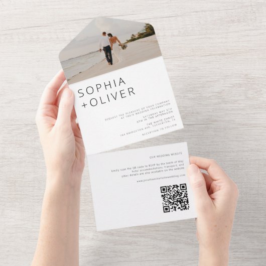 Minimal Modernes Foto & QR Code Hochzeit All In One Einladung (Abreißen)
