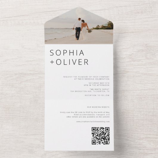 Minimal Modernes Foto & QR Code Hochzeit All In One Einladung (Innen Boden)