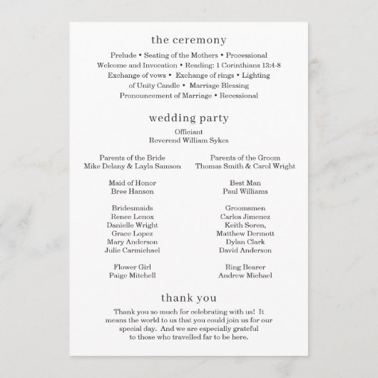 Minimal Modernes Hochzeitsprogramm für Fotos Programm (Rückseite)