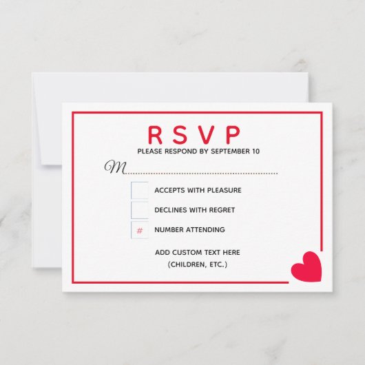 Minimal Modernes Rotes Herz Valentine Hochzeit RSVP Karte (Vorderseite)