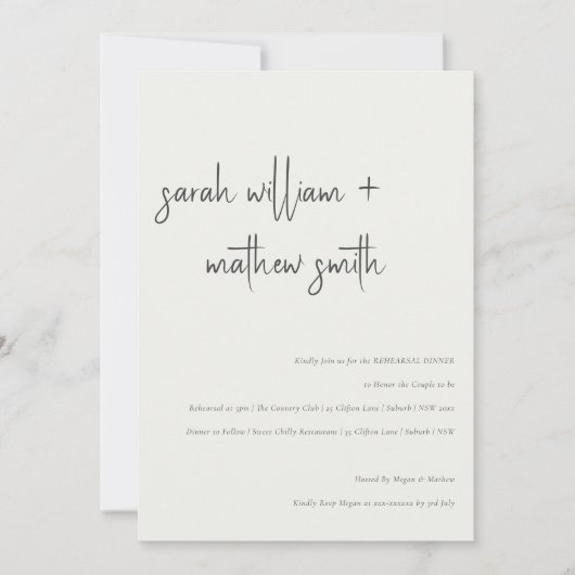 Minimal Modernes Schwarz-weißes Script Probe Dinne Einladung (Vorderseite)