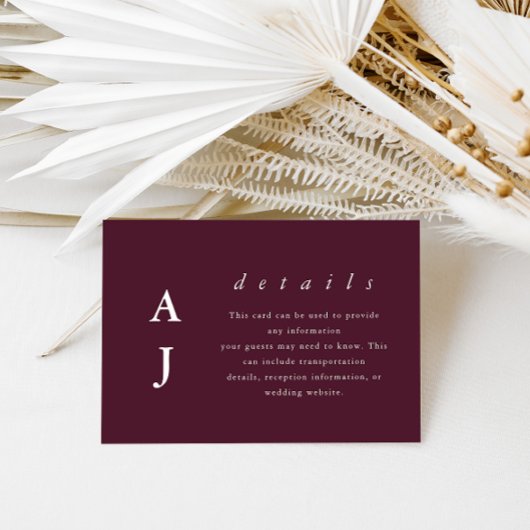 Minimal Mongram Burgundy Wedding Guest Detail Begleitkarte