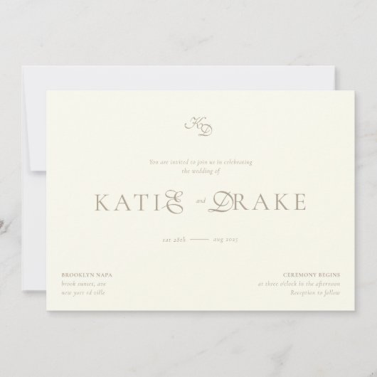 Minimal Monogram Cream Ivory Script Wedding Einladung (Vorderseite)