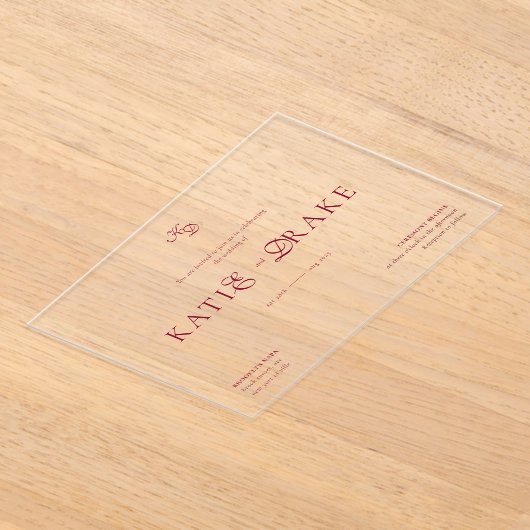 Minimal Monogram Deep Burgundy Script Wedding Acryleinladungen (Ablage )