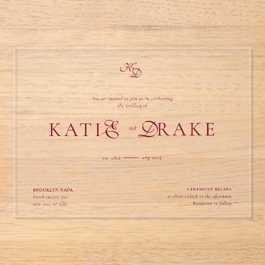 Minimal Monogram Deep Burgundy Script Wedding Acryleinladungen (Vorderseite)