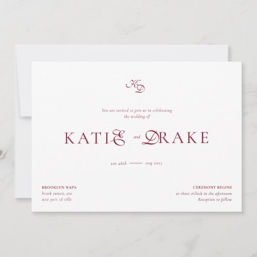 Minimal Monogram Deep Burgundy Script Wedding Einladung (Vorderseite)