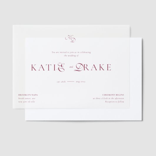 Minimal Monogram Deep Burgundy Script Wedding Pergament Einladungen (Versetzt)
