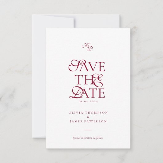 Minimal Monogram Deep Burgundy Script Wedding Save The Date (Vorderseite)