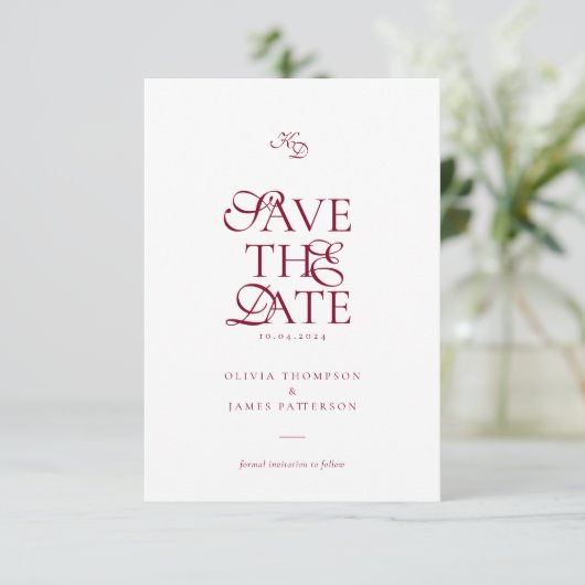 Minimal Monogram Deep Burgundy Script Wedding Save The Date (Stehend Vorderseite)