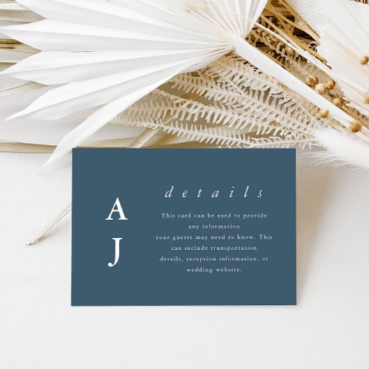 Minimal monogram Dusty Blue Wedding Guest Details Begleitkarte