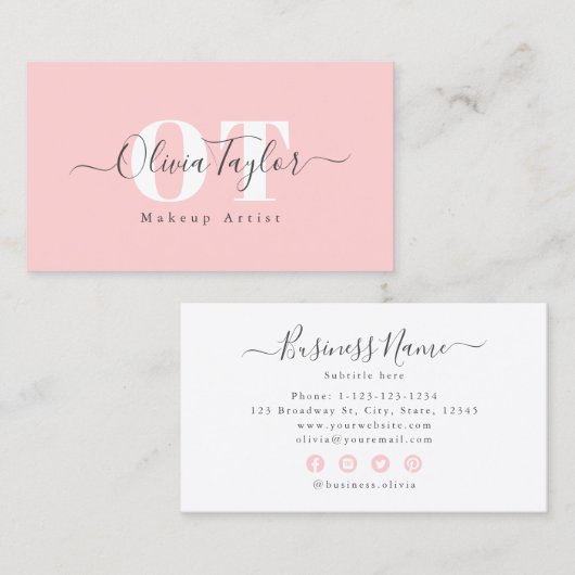 Minimal Monogram Modernes Script Pink Beruflich B Visitenkarte (Vorne/Hinten)