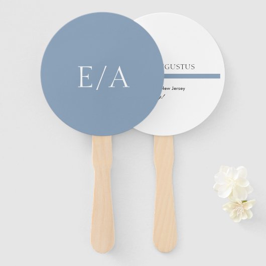 Minimal Monogram Simple Elegant Dusty Blue Wedding Fächer (Vorne und Hinten)