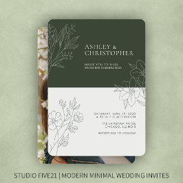 Minimal Moss Green Foliage Kontur Foto Hochzeit Einladung