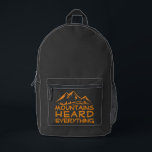 Minimal Mountain Hiking Daypack Bedruckter Rucksack<br><div class="desc">Hey there! Looking for a backpack that's as awesome as you are? Check out this super cool black hiking backpack! It's got these rad orange side panels that really make it stand out, plus a fun, minimalist mountain design on the front pocket that says "Mountains Heard Everything" – how fun...</div>