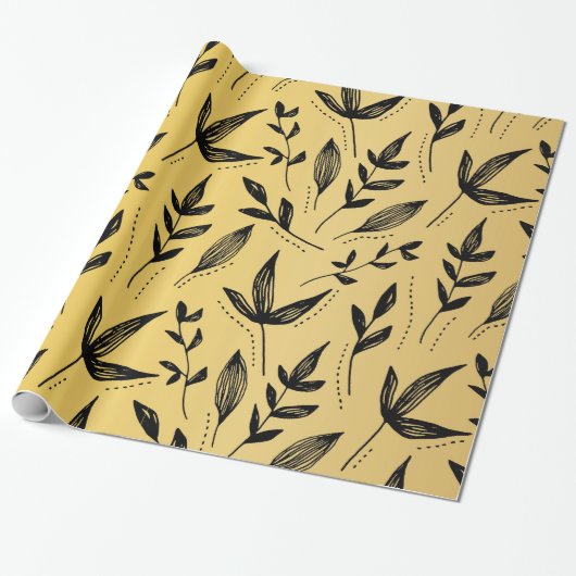 Minimal Muster Leaf Black & Gold Geschenkpapier (Ungerollt)