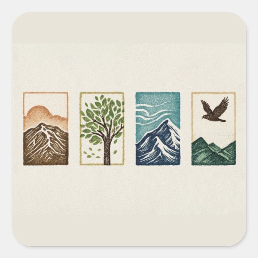 Minimal Nature Set – Mountain & Tree Art Quadratischer Aufkleber (Vorderseite)