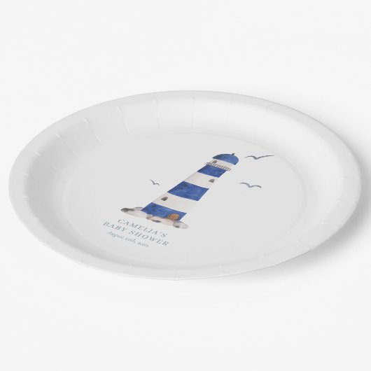 Minimal Nautical Lighthouse Baby Shower Ahoy Boy's Pappteller (Schrägansicht)