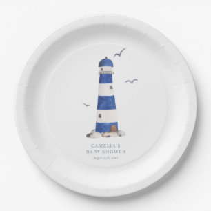 Minimal Nautical Lighthouse Baby Shower Ahoy Boy's Pappteller