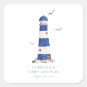 Minimal Nautical Lighthouse Baby Shower Ahoy Boy's Quadratischer Aufkleber (Vorderseite)