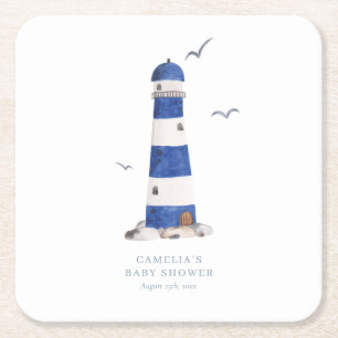 Minimal Nautical Lighthouse Baby Shower Ahoy Boy's Rechteckiger Pappuntersetzer