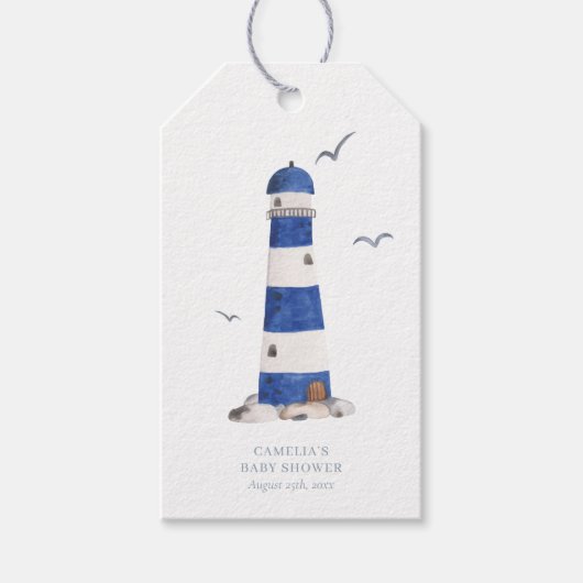 Minimal Nautical Lighthouse Kinderdusche Ahoy Boy Geschenkanhänger (Vorderseite)