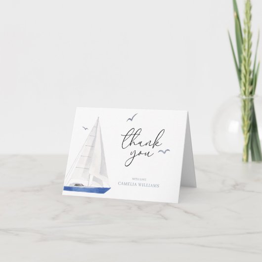 Minimal Nautical Sailboat Baby Shower Ahoy Boy's Dankeskarte (Vorderseite)