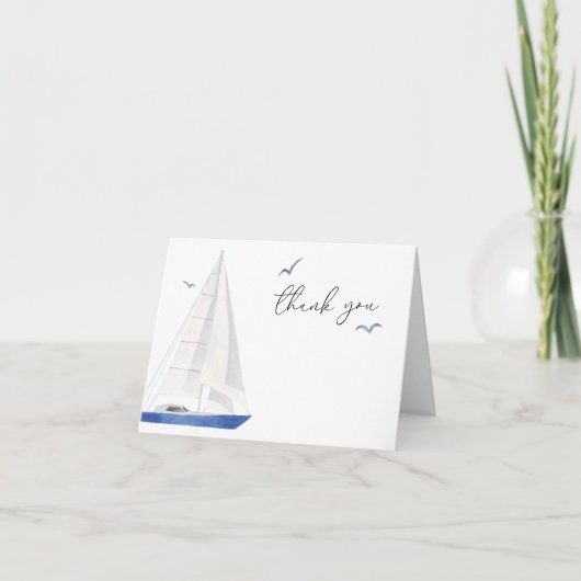 Minimal Nautical Sailboat Baby Shower Ahoy Boy's Dankeskarte (Vorderseite)