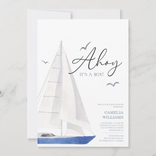 Minimal Nautical Sailboat Baby Shower Ahoy Boy's Einladung (Vorderseite)