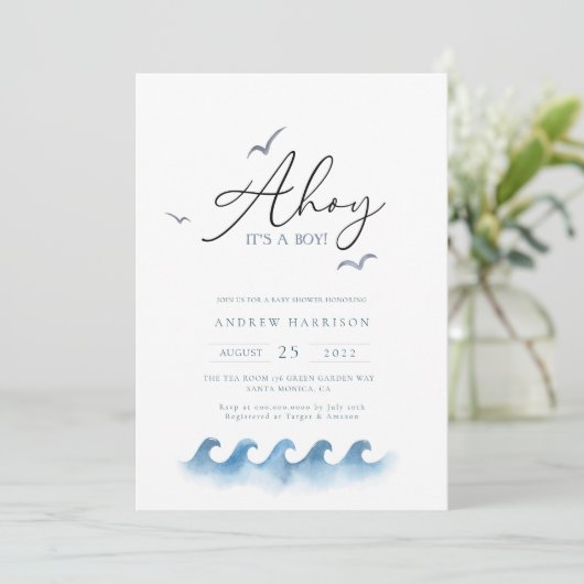 Minimal Nautical Sailboat Baby Shower Ahoy Boy's Einladung (Stehend Vorderseite)