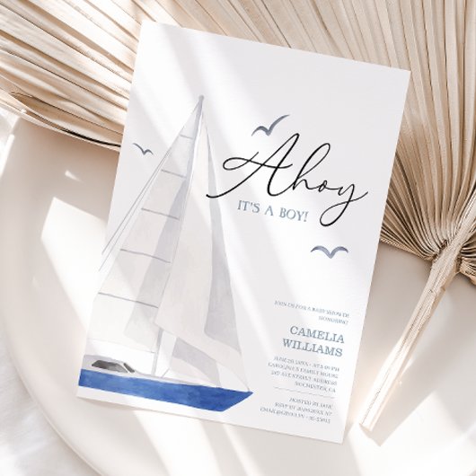 Minimal Nautical Sailboat Baby Shower Ahoy Boy's Einladung