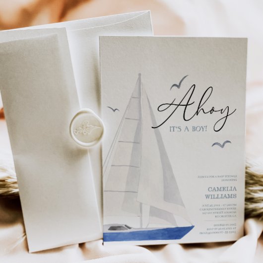 Minimal Nautical Sailboat Baby Shower Ahoy Boy's Einladung