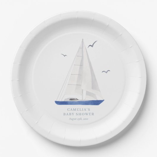 Minimal Nautical Sailboat Baby Shower Ahoy Boy's Pappteller (Vorderseite)