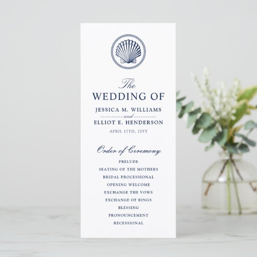 Minimal Nautical Wedding Programm Seashell Thema (Stehend Vorderseite)